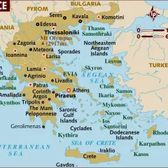Mapa Grecji z zaznaczonymi wyspami greckimi, takimi jak Kreta, Rodos, Santorini, Korfu i wiele innych.