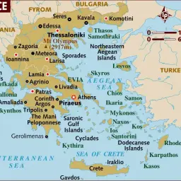 Mapa Grecji z zaznaczonymi wyspami greckimi, takimi jak Kreta, Rodos, Santorini, Korfu i wiele innych.