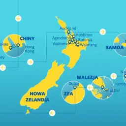 Mapa pokazuje podróże po Pacyfiku: Nowa Zelandia, Australia, Chiny, Malezja, ZEA, Samoa i wyspy Fidżi.