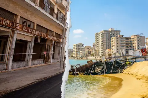 Opuszczone budynki i plaża z wrakiem statku w Varosha, Cypr.