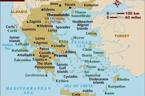 Mapa Grecji z zaznaczonymi wyspami greckimi, takimi jak Kreta, Rodos, Santorini, Korfu i wiele innych.