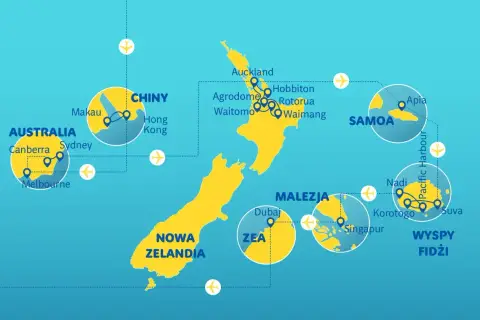 Mapa pokazuje podróże po Pacyfiku: Nowa Zelandia, Australia, Chiny, Malezja, ZEA, Samoa i wyspy Fidżi.