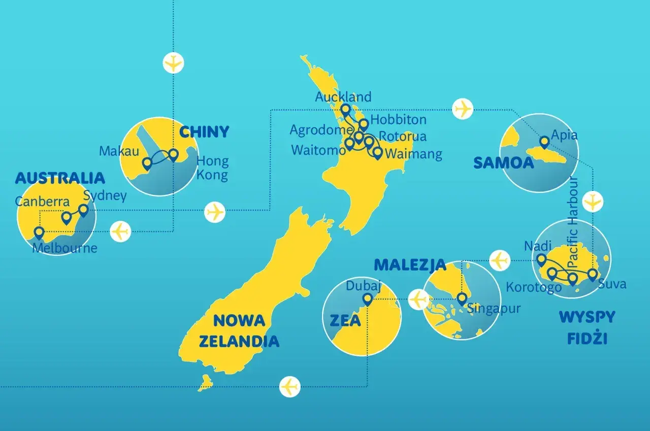 Mapa pokazuje podróże po Pacyfiku: Nowa Zelandia, Australia, Chiny, Malezja, ZEA, Samoa i wyspy Fidżi.