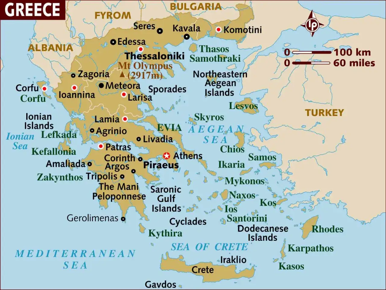 Mapa Grecji z zaznaczonymi miastami i wyspami. Widać Morze Egejskie, Jońskie i Śródziemne, a także wyspy greckie takie jak Kreta, Rodos, Santorini.